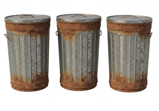 Isolated Realistic Illustration of Three Rusty Metal Trash Cans