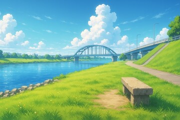 河川敷の公園から見える橋の背景イラスト