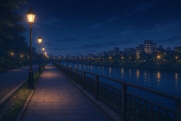 Fototapeta premium 夜の川辺の遊歩道の背景イラスト