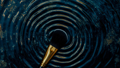 A gold and black makeup brush, located at the center of a swirling spiral wave, is placed against an abstract background featuring deep dark blue tones and textured patterns.