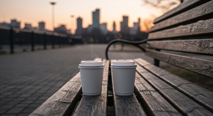 Fototapeta premium Two Takeaway Coffee Cups in Morning City Street Scene
