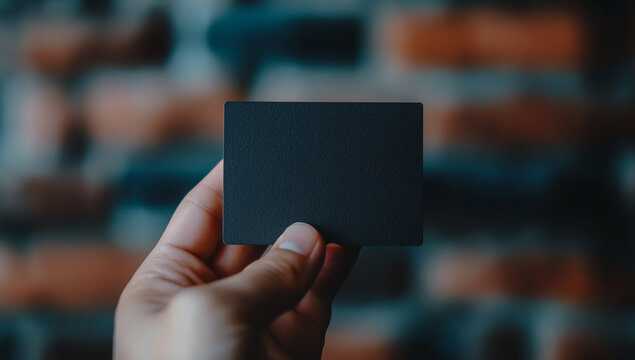 A hand holds a sleek, rectangular business card with a matte black finish and smooth texture.