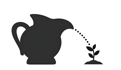 Black silhouette of a tilted antique clay jug pouring stylized dotted water onto a small sprouting seedling below. Geometric balance on pure white background, symbolizing growth, care