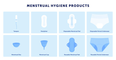 Menstrual hygiene products, including tampon, pantyliner, sanitary pad, menstrual cup, disc, period underwear. Feminine care and menstruation concept. Infographic isolated on white background © Artster