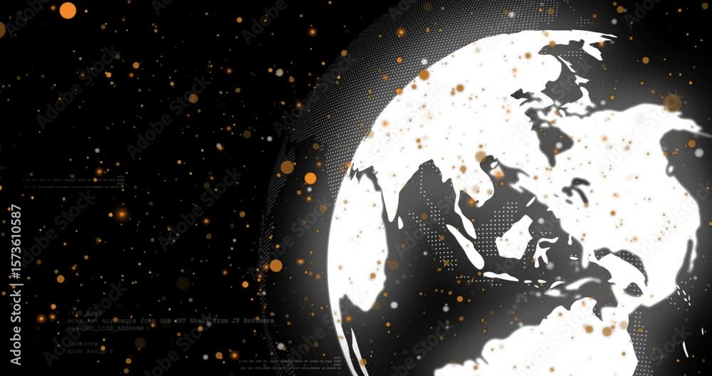 Poster after loading digital scene, stylized globe rotating and emitting code bits representing data flow