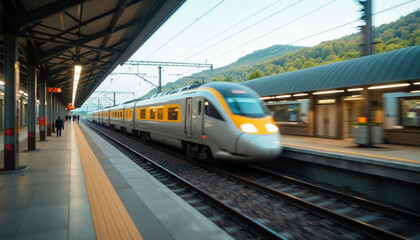 Fototapeta premium A high-speed train, with a gray body and yellow accents, is shown in motion at a modern train station.