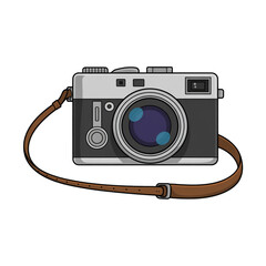 Retro Film Photo Camera with Strap Cartoon Illustration for Travel, Adventure, Vacation, Wanderlust, Creative Lifestyle, Hiking, Sightseeing, Vintage Hobby, Freedom, and Outdoor Exploration
