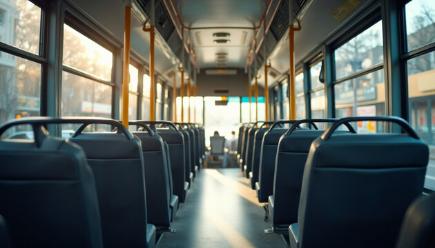 A well-lit, empty public bus interior, showcasing rows of dark gray seats facing forward.