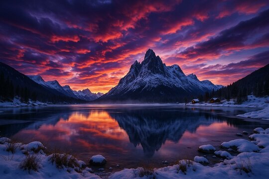 A dramatic winter sunset over snowy peaks reflected in a still lake, with cozy cabins and vivid red-purple clouds filling the sky.
