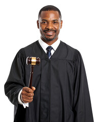 Smiling judge holding gavel wearing black robe with professional attire