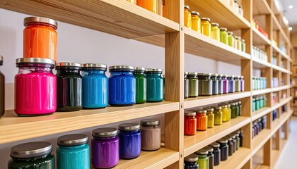 Colorful jars on wooden shelves (3)