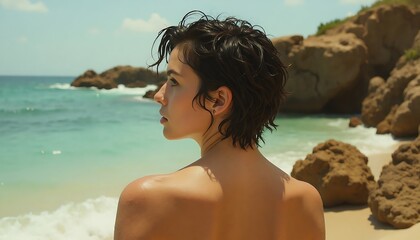 Woman on the beach looking at ocean scenery.  Back view.