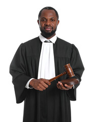 An African-American judge stands with a gavel, exuding authority and expertise. This image captures the essence of justice and the legal system.