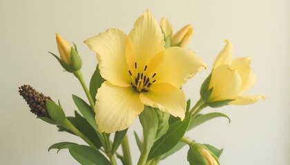 Yellow Alstroemeria flower with buds and green leaves. No people.