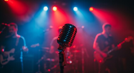 Vintage Microphone Center Stage with Band in Red and Blue Lights