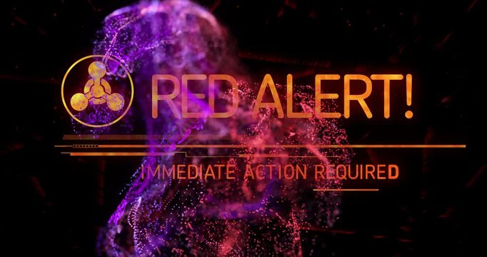 Icon appearing, lines extending, red cloud rising, text shifting to RED ALERT requiring action