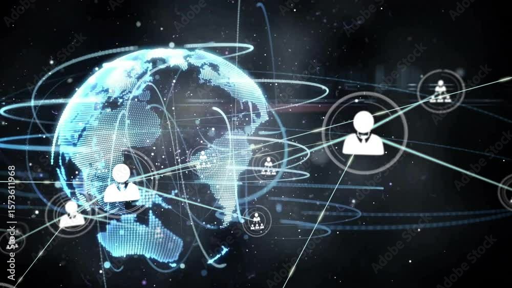 Poster grid-based globe rotating triggers user icons linking with glowing lines visualizing global network