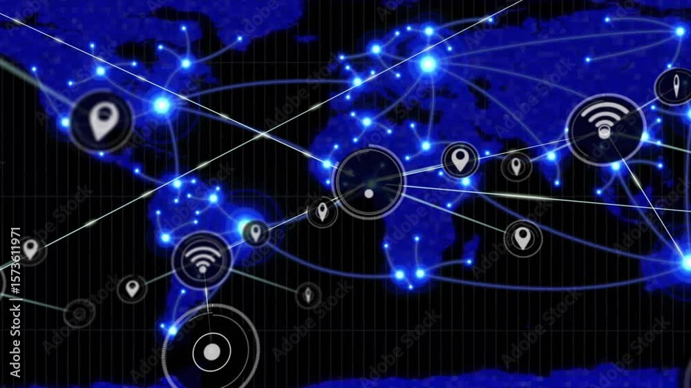 Poster radar pulse initiating network animation on map extending lines adding icons showing global network