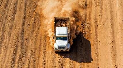 Heavy-duty dump truck transporting rocks on a dusty unpaved construction road kicking up clouds of dirt for industrial logistics and infrastructure themes