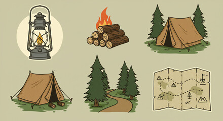 Camping adventure illustration set with tent, campfire, lantern, map, and forest for outdoor activities on transparent background