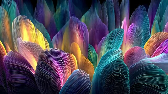 Abstract 3D rendering, layered wavy iridescent petals, black backdrop, dynamic color