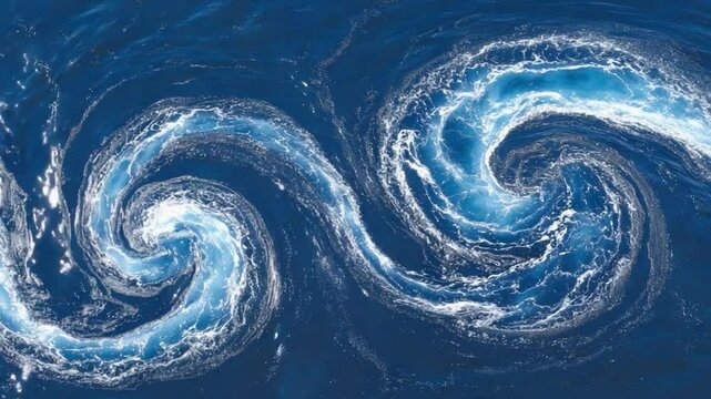 Aerial view of ocean currents and eddies forming swirls and patterns in blue water