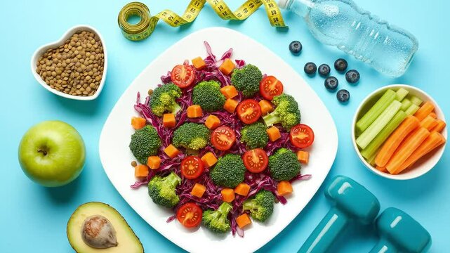 A vibrant flat lay of a healthy vegetable salad alongside dumbbells and a measuring tape. Perfect for diet, fitness, and weight loss motivation content