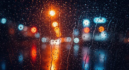 City lights through rainy window