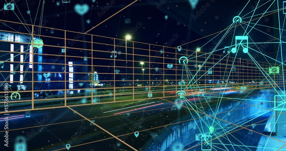 Poster thin grid lines sweeping over bridge starting green icons connecting into network showing data flow