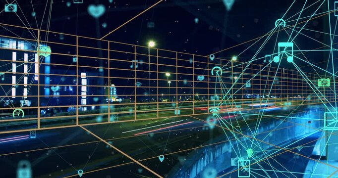 Thin grid lines sweeping over bridge starting green icons connecting into network showing data flow - Powered by Adobe