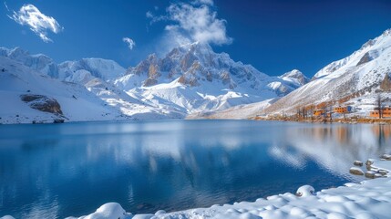 Fototapeta premium Lake reflects snow-covered mountains under a bright blue sky with scattered clouds