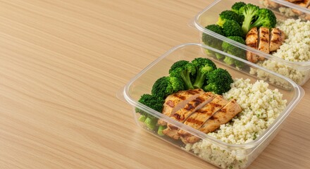 Healthy Meal Prep Containers with Grilled Chicken, Broccoli, and Couscous on Wooden Table Surface