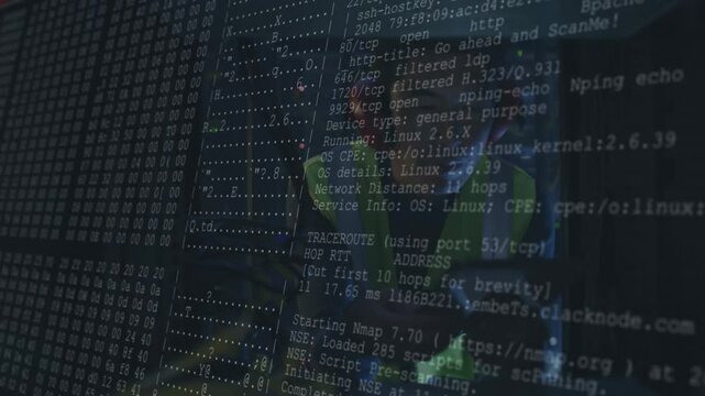 Korean technician tapping touchscreen and initiating Nmap port scan while monitoring network data