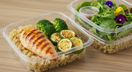Healthy Meal Prep with Grilled Chicken, Quinoa, Broccoli, Zucchini, and Fresh Salad in Clear Containers