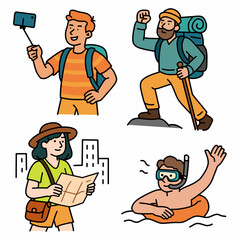 Set of diverse travelers in action. Selfie tourist, mountain hiker, city explorer, and snorkeling swimmer. Perfect for travel apps, guides, blogs, and vacation-themed graphics.