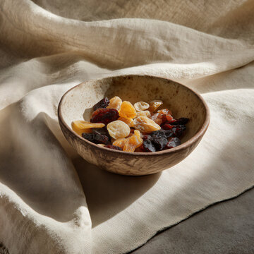 Ceramic bowl with dried fruit pieces on natural linen runner, minimalist food style, warm neutral palette