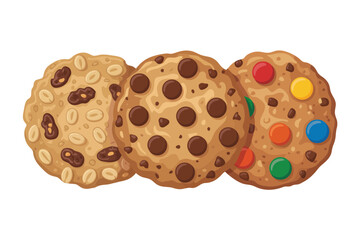 Three delicious and colorful cookies with chocolate chips and candy pieces