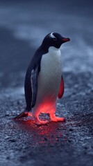 Fototapeta premium Penguin standing with striking red illumination on textured surface