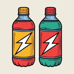 Two colorful energy drink bottles with lightning bolt logos on a light background