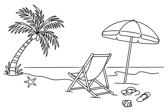 Isolated simple line art beach scene with palm tree and beach chair