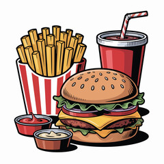 Classic american fast food meal with a juicy cheeseburger crispy french fries and a soda