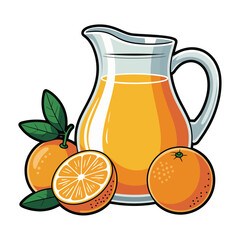Refreshing pitcher of orange juice with whole and sliced oranges and leaves