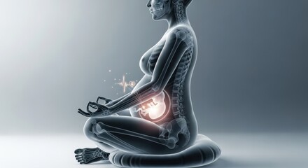 Pregnant Woman Meditating in Lotus Pose Showing Fetal Development and Skeletal Structure