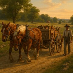 Oxen Pulling a Wagon on an 1800s Dirt Road
