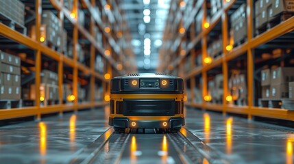 Yellow robot in warehouse aisle, boxes on shelves receding in blur, glowing lights