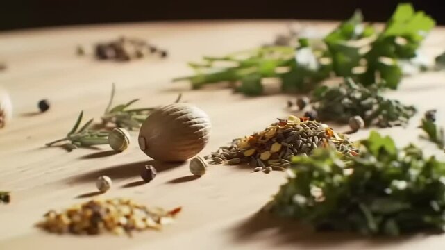 Aromatic Herbs  Spices on Wood.