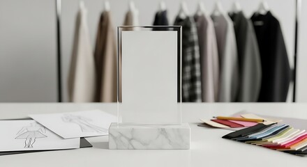 Fashion design studio with drawings, color samples, and a blank display frame