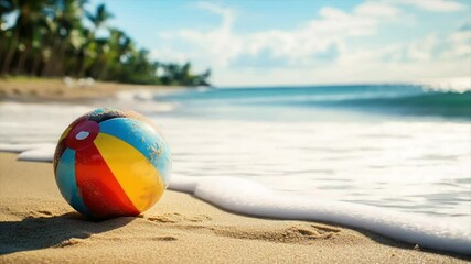 Beach ball rests on sandy shore near ocean waves - Powered by Adobe