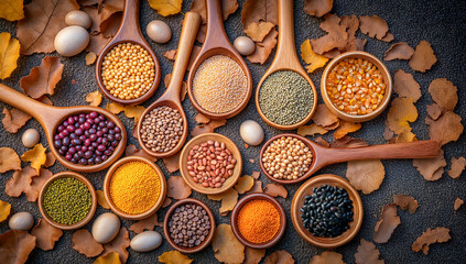 mixed grains healthy seeds organic lentils superfood ingredients colorful legumes natural grains mix high protein seeds gourmet pulses plant-based proteins vegan pantry staples