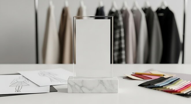 Fashion design studio with drawings, color samples, and a blank display frame